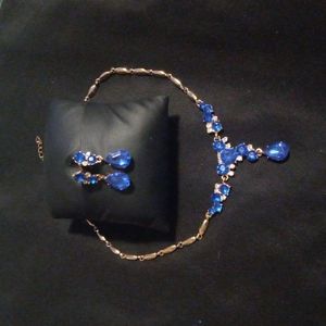 Gold Tone Necklace & Earrings With Blue Gem Stones